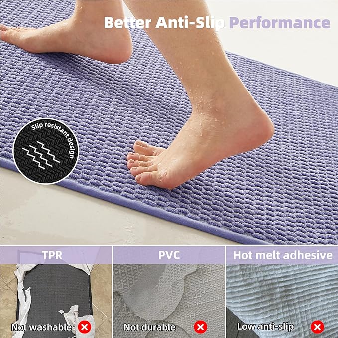 Bathroom Rugs Non Slip Washable, Super Absorbent Thin Bath Mat Quick Dry Low Pile Bathroom Rug, Lavender 20"x48"