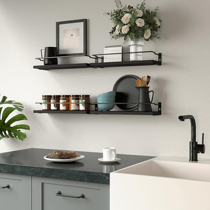 RICHER HOUSE Bathroom Floating Shelves with Guardrail, Set of 4 Rustic Wall Mounted Storage Shelves, Over Toilet - Black