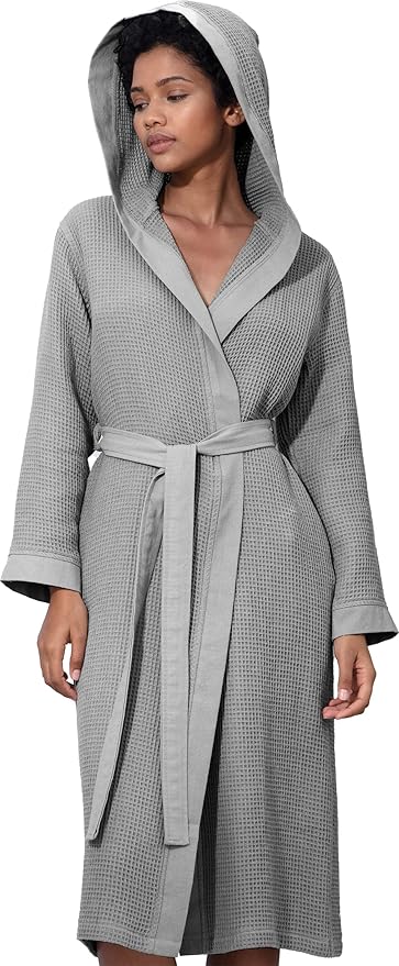 Women’s Luxury Waffle Shawl Collar, Hooded Robe w Piping – Lightweight, Long, Ultra Soft Spa Sleepwear Bathrobe