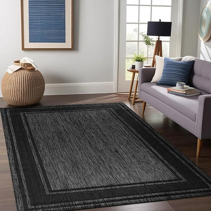 Beverly Rug Outdoor Rug 8x10 Modern Bordered Area Rugs for Indoor and Outdoor Patio Deck Porch Garden Waterproof Weather Sun Resistant Washable Outside Carpet (8 x 10 Black)