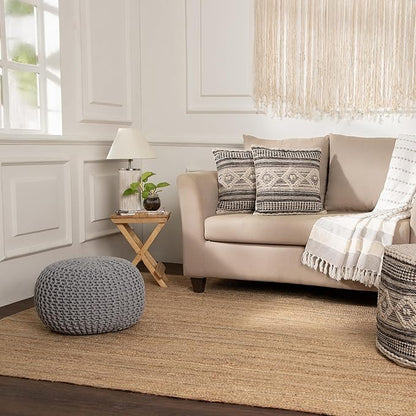 REDEARTH Round Boho Pouf Ottoman - Cable Knitted Cord Boho Pouffe - Stuffed Poof Accent Beanbag Footrest for Living Room - Nursery - Bedroom - Covered Patio - Study Nook (19.5"x19.5"x14") - Gray