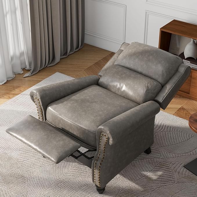 UIXE Pushback Recliner Chairs Set of 2, Faux Leather Armchair Push Back Accent Chair for Living Room, Rivet Trim Club Arm Chair Overstuffed Home Theater Single Sofa Reading Seat with Footrest - Gray