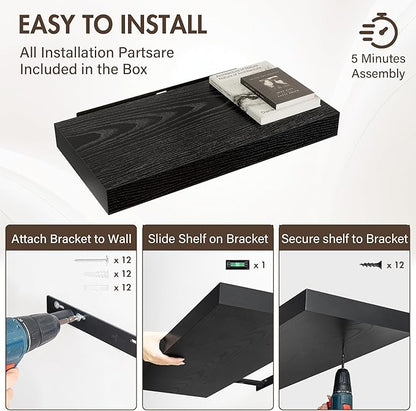 24 Inch Floating Shelves, 12" Deep Floating Shelf Wall Mounted, 24" Wall Shelves, Rustic Deep Bookshelf, Extra Deeper & Thicker Display Shelves for Bedroom, Living Room, Black, Set of 2