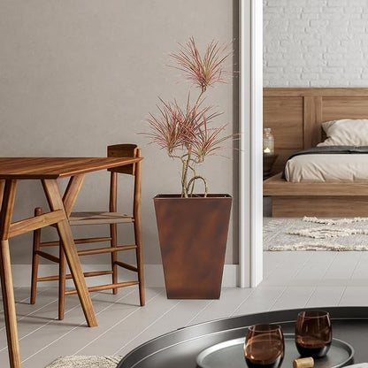 Worth Garden 14" Dia x 18" H Large Metal Floor Planter Set of 2, Matte Bronze Retro Finish Tall Square Tapered Steel Plant Pots, Decor Flower Pot Indoor & Outdoor, Drainage Hole