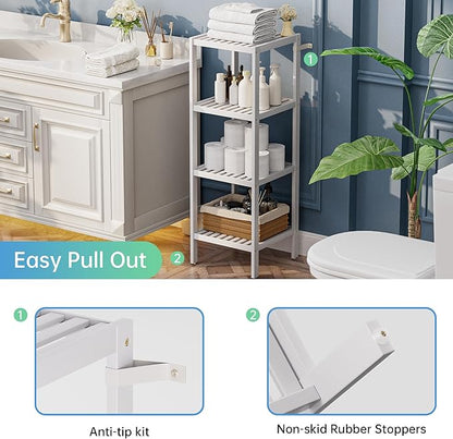 SMIBUY Bathroom Storage Shelf, 4-Tier Bamboo Rack Organizer, Multifunctional Shelving Unit for Living Room Bedroom Kitchen (White)