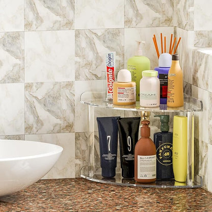2 Tier Acrylic Corner Shelf Organizer Storage 9.5x9.5x8 Inch, Transparent Countertop Corner Shelf for Bathroom, Kitchen, Bedroom, Office, Study Room