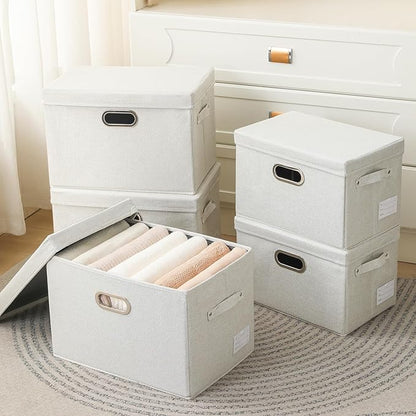 PRANDOM Large Collapsible Storage Bins with Lids [3-Pack] Fabric Foldable Storage Boxes Organizer Containers Baskets Cube with Cover for Home Bedroom Closet Office Beige(17.3x11.8x11.8)