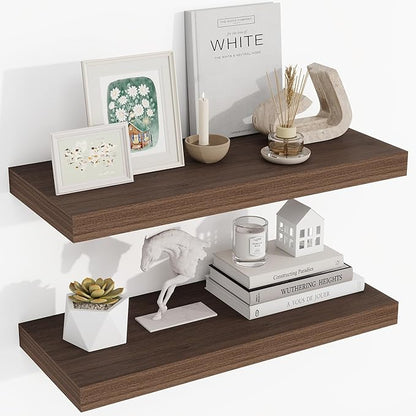 24 Inch Floating Shelves, 24"x9.25"x1.5" Inch Deep Floating Shelves for Wall, Wooden Shelves for Bathroom, Bedroom, Living Room, Walnut, 2 Pieces