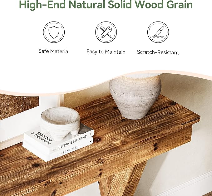 Solid Wood Console Table, 63-Inch Farmhouse Entryway Table with X-Shaped Legs, Real Wood Behind The Couch Table for Living Room, Entrance, Hallway, Easy Assembly