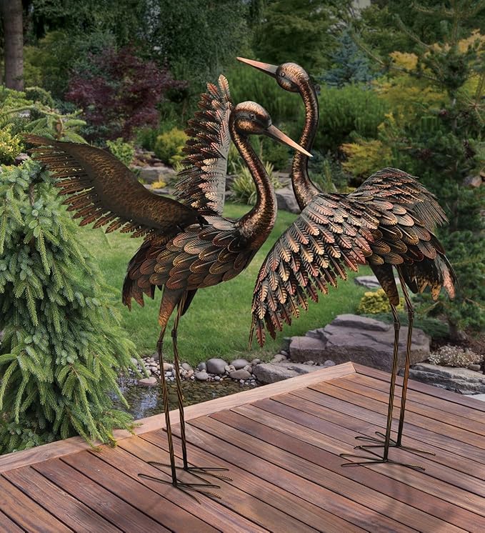 Regal Art & Gift Outdoor Garden Décor, Unique Bird Sculpture, Rustic Metal Bird Statues, Garden Ornaments, Bird Figurine for Lawn, Decorative Sculpture, Crane, Multi, Wings Down, 42" Height