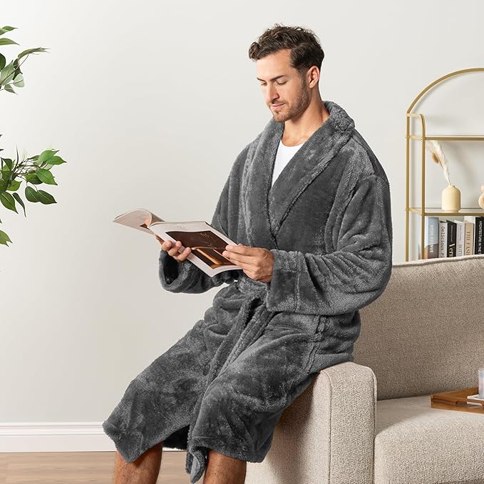 PAVILIA Mens Soft Robe, Plush Fluffy Fleece Bathrobe Men, Long Sherpa Shaggy Spa Robe