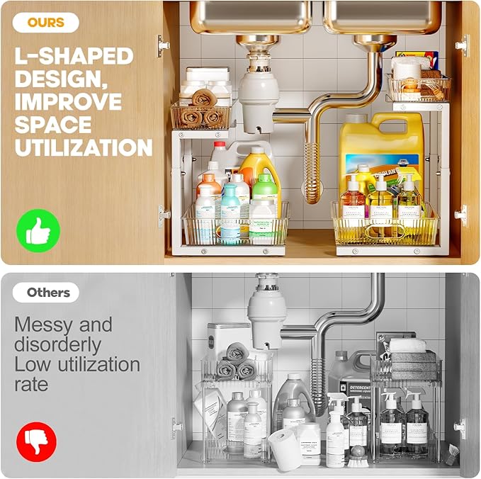 2 Pack Under Sink Organizer, 2-Tier Pull Out Cabinet Organizer, Elegant Acrylic Under Sink Storage Shelf for Kitchen Bathroom Cabinet, L-Shaped Adjustable Height for Maximum Space Efficiency-White