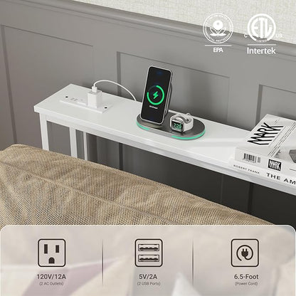 ELYKEN 2 Pack 5.9" Narrow Console Sofa Table with Power Outlets, 5.9" Dx39.4 Wx31.1 H Long Couch Table with Metal Frame and Charge Station with 6.5’ Extension Cord, White