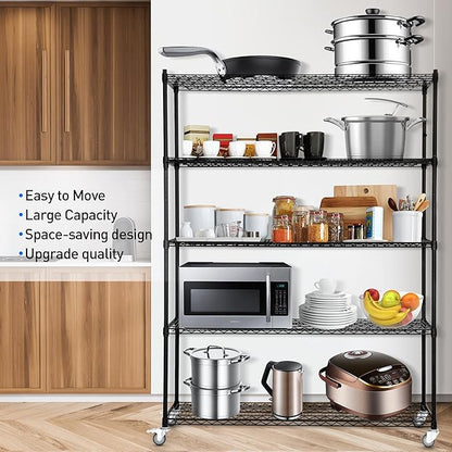 5 Tier Wire Shelf Shelving Unit, 60"x 24"x82" Metal Storage Shelves, Heavy Duty Garage Storage Shelves with Wheels, Chrome 3000LBS Capacity Wire Shelf Rack for Restaurant, Garage, Pantry, Kitchen