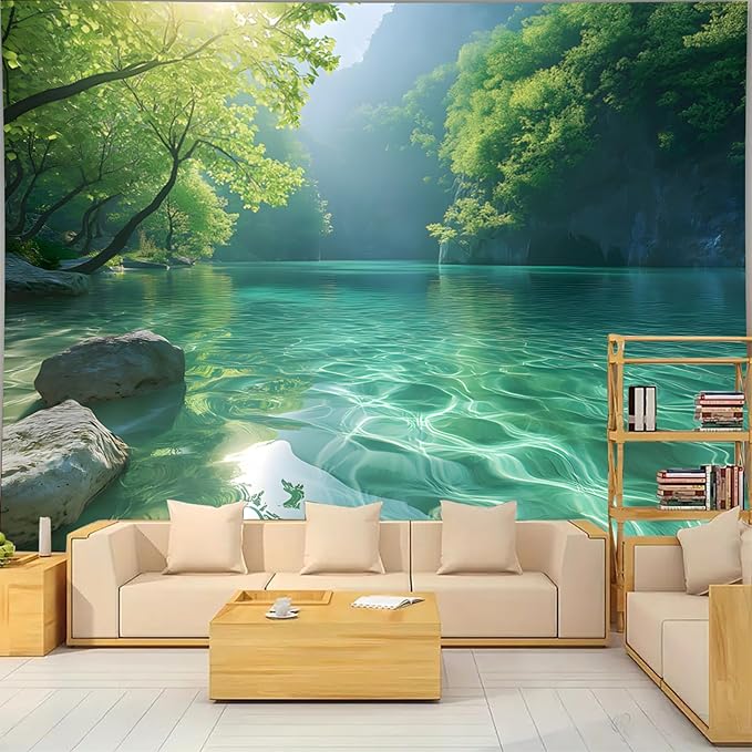 BSFHH Nature Tapestry Forest Tree Sea Cave Wall Hanging, Stream Through Rainforest Landscape Wall Art Tapestry for Bedroom Living room (Lake View, 110" × 87", Unframed)