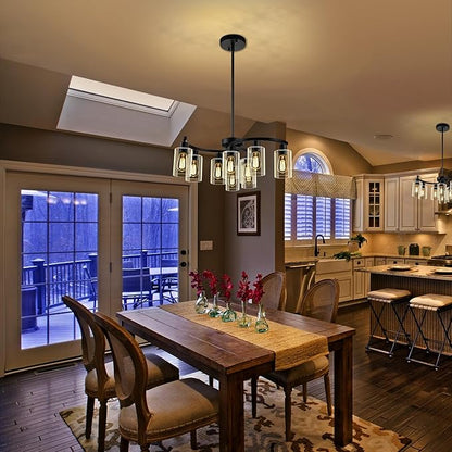 9-Light Black Modern Chandeliers for Dining Room, Adjustable Height Farmhouse Kitchen Island Lighting, Industrial Hanging Light Fixtures for Living Room Bedroom, Clear Glass Shade