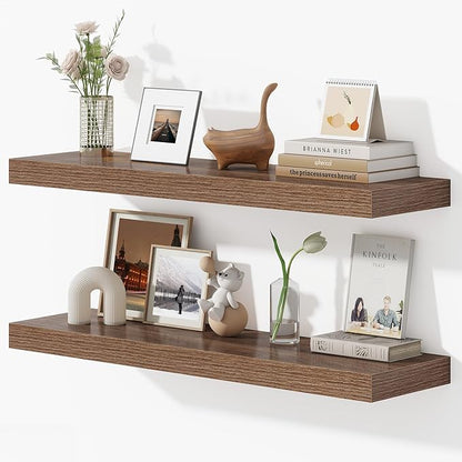 36 Inches Floating Shelves for Wall, 9.3" Deep Long Floating Shelves Set of 2, Large Display & Storage Shelf, Wall Shelf for Bathroom Bedroom Living Room Kitchen Office, Walnut