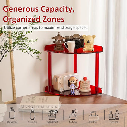 2 Tier Countertop Corner Organizer Shelf 7x7x8 Inch, Red Acrylic Bathroom Corner Shelf for Countertop, Vanity Storage for Skincare, Cosmetics, Perfume