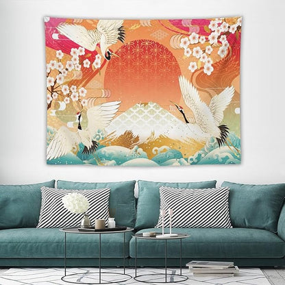 HZOHNAGO Japanese Tapestry Cherry Blossom Crane Sea Wave Fuji Mountain Red Sun Pattern Printed Wall Tapestry Painting Wall Hanging for Bedroom Living Room Dorm 80" W x 60" H