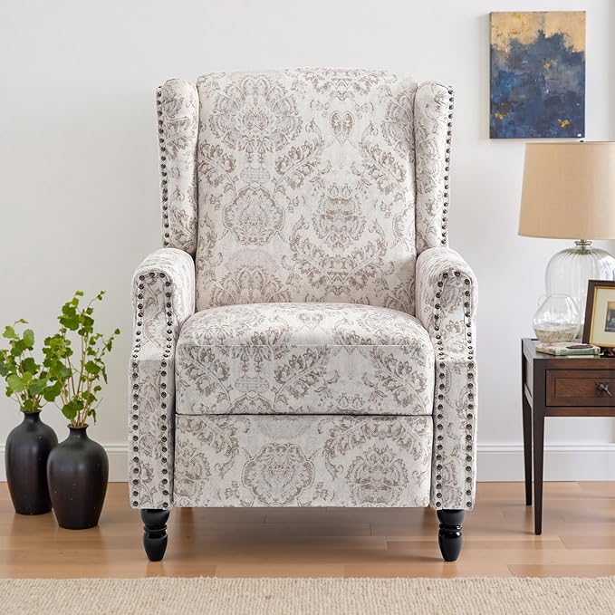 UIXE Recliner Chairs Set of 2, Fabric Upholstered Armchair Pushback Accent Chair for Living Room, Floral Rivet Trim Club Chair Home Theater Single Sofa Bedroom Side Reading Seat - Beige Pattern