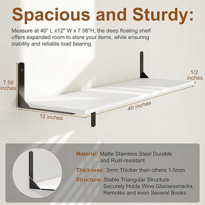 White Floating Shelves 40"W x 12"D, Deep Wall Shelves with Brackets for Books, Plant, 12 Inch Deep Bathroom Shelf Set of 2, Large Floating Shelf for Living Room, Bedroom, Kitchen, Set of 2