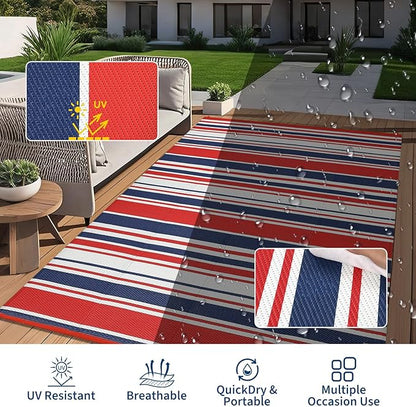 Outdoor Plastic Straw Rug 9x18 Waterproof Outside Rug, Large Modern Striped Reversible Floor Mats, Foldable & Lightweight Camping Carpet for Patio, Porch, Deck, Backyard, Balcony, Red Blue White