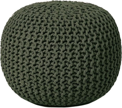 REDEARTH Round Hand Knitted Pouf - Foot Stool Bean Bag Ottoman - Cord Boho Pouffe - Poof Accent Beanbag Footrest for Living Room - Bedroom - Patio - Lounge (19.5"x19.5"x14") - Olive