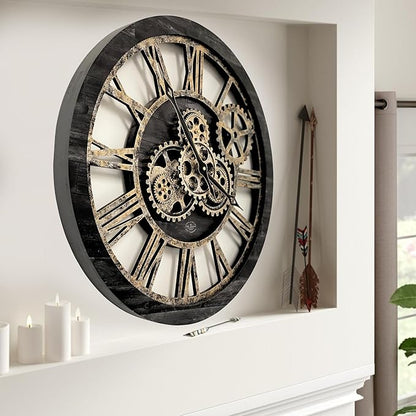 The Gears Clock The Original Real Moving Gear Wall Clock Vintage Industrial Oversized Rustic Farmhouse (24 inch (60cm), Vintage Black Wood and Bronze)