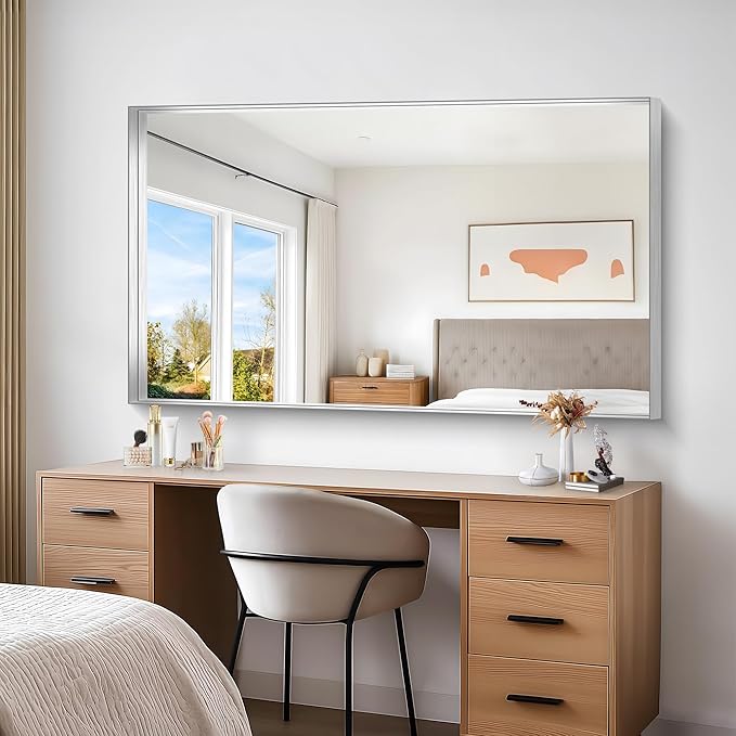 Silver Bathroom Mirror, 36x60 Inch Rectangular Deep Frame Mirror, Large Wall Mounted Bathroom Vanity Mirror Over Sink for Bedroom,Restroom, Living Room, Hangs Vertically or Horizontally