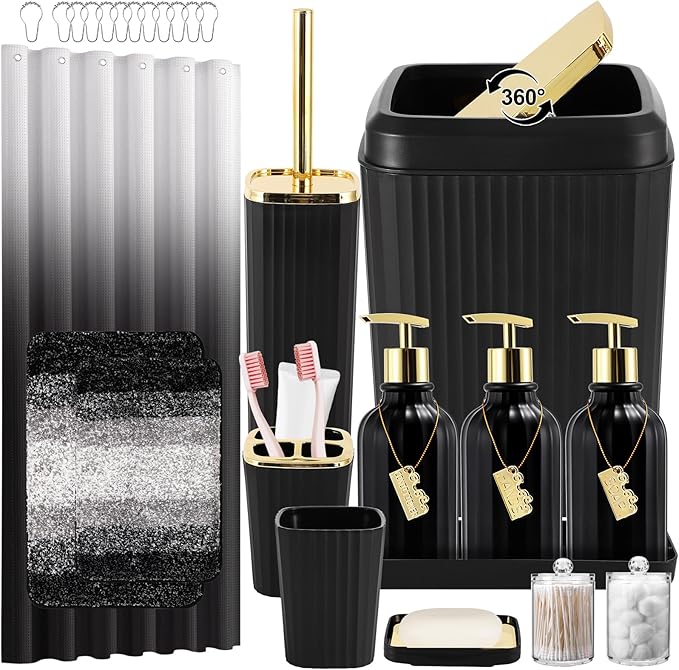32PCS Bathroom Set Bathroom Sets with Shower Curtain and Rugs Black Bathroom Accessories,Shower Curtain Set,Bathroom Rug Set with Bathroom Trash Can