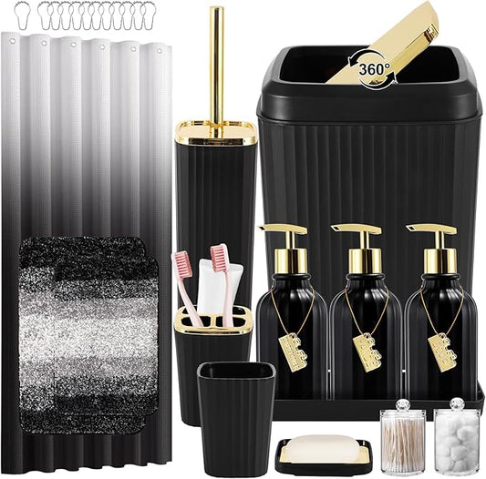32PCS Bathroom Set Bathroom Sets with Shower Curtain and Rugs Black Bathroom Accessories,Shower Curtain Set,Bathroom Rug Set with Bathroom Trash Can