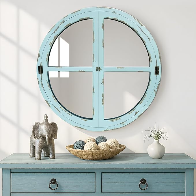 30" Round Window Mirror, Vintage Coastal Wall Mirror with Distressed Blue Wood Frame & Faux Windowpanes, Farmhouse Cottagecore Decor for Living Room, Entryway, or Dining Room