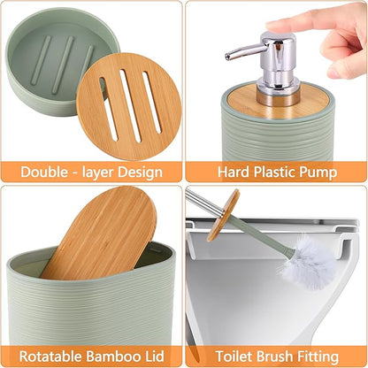 Bathroom Accessory Set,10 PCS LightGreen Bathroom Set with Trash Can,Toothbrush Holder,Soap Dispenser,Toothbrush Cup,Vanity Tray,Soap Dish,Toilet Brush,Qtip Holders