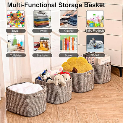 Storage Baskets for Shelves Organizing, Woven Cotton Rope Baskets for Storage, Book Basket, Decorative Shelf Basket, 12.5"Lx9.1''Wx7.9''H (4 Packs) Dark Brown