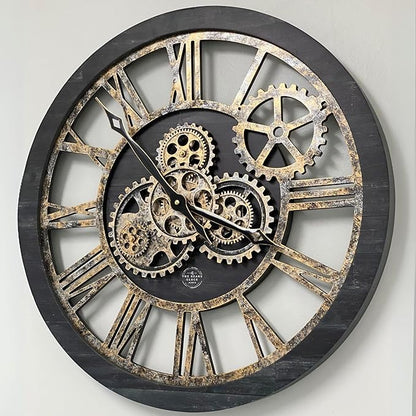 The Gears Clock The Original Real Moving Gear Wall Clock Vintage Industrial Oversized Rustic Farmhouse (24 inch (60cm), Vintage Black Wood and Bronze)