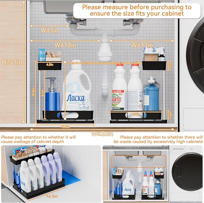 Yieach 2 Pack Under Kitchen Cabinet Storage,14.5 Inch Deep Black Under Sink Storage Rack for Apartments and Small Space,Two Tier Undersink Pull Out Organizer Drawers & Bathroom Cabinet Organization