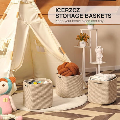 11 Inch Cube Storage Bins, Storage Cube Organizer Bins, Woven Cotton Rope Baskets for Storage, Storage Basket for Organizing Shelves, Square Baskets for Toys Nursery, Brown (Pack of 3)