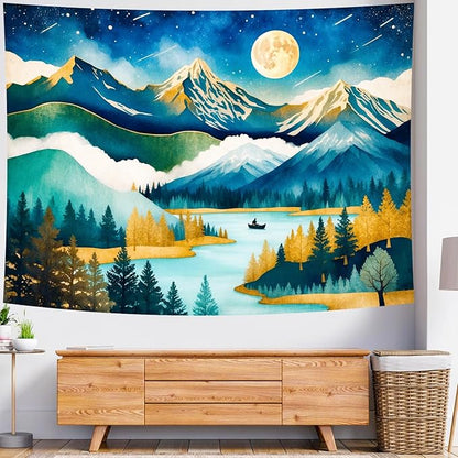 Delur Mountain Tapestry Boho Moon Stars Starry Night Tapestry Wall Hanging Forest Tree Nature Landscape Psychedelic Headboard for Bedroom Living Room Home Decor (51.2" x 59.1")