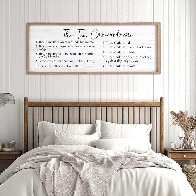 The Ten Commandments Rustic Bible Verse Framed Wall Art, 40''×15'' Positive Religious Christian Saying Sign for God Jesus Christ Prayer, Vintage Horizontal Holy Inspirational Catholic Scripture Decor
