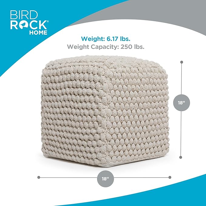 BIRDROCK HOME Bud Pouf Foot Stool Ottoman - Knit Bean Bag Floor Chair - Cotton Braided Cord - Great for The Living Room, Bedroom and Kids Room - Small Furniture