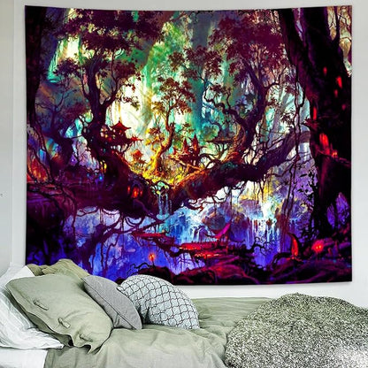 Delur Fantasy Forest Tapestry Mystical Landscape Magical Enchanted Forest Tree Nature Tapestry Psychedelic Wall Hanging Headboard for Bedroom Living Room Home Decor (70.8" x 92.5")