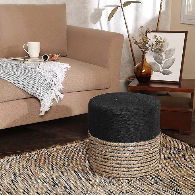 REDEARTH · Cylindrical Pouf Ottoman - Braided Pouffe Accent Sitting Round Footrest for Living Room, Bedroom, Nursery, kidsroom, Patio, Gym; 70% Cotton 30% Jute, (14.5x14.5x16; Black Natural)