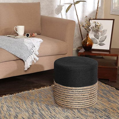 REDEARTH · Cylindrical Pouf Ottoman - Braided Pouffe Accent Sitting Round Footrest for Living Room, Bedroom, Nursery, kidsroom, Patio, Gym; 70% Cotton 30% Jute, (14.5x14.5x16; Black Natural)