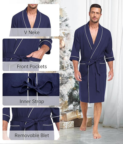 COLORFULLEAF Men's Bathrobes 100% Cotton Soft Comfort Breathable Short Sleeve Summer Kimono Mens Lightweight Robe