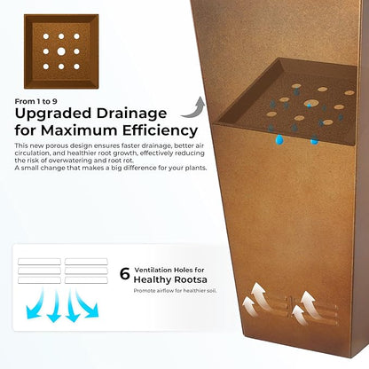 Worth Garden 28" H. Large Metal Planter Set of 2, Classic Matte Bronze Retro Finish Tall Square Tapered Steel Flower Plant Pots for Indoor & Outdoor Use - Insert Plate with Drain Holes, Air Vents