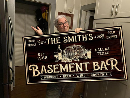 Tailored Canvases Custom Bar Sign - Personalized Basement Bar Decor, Lounge Canvas Wall Art for Man Cave, Kitchen, Pub & Diner, Rustic Home Bar Sign, Ready-to-Hang, Unique Printable Art