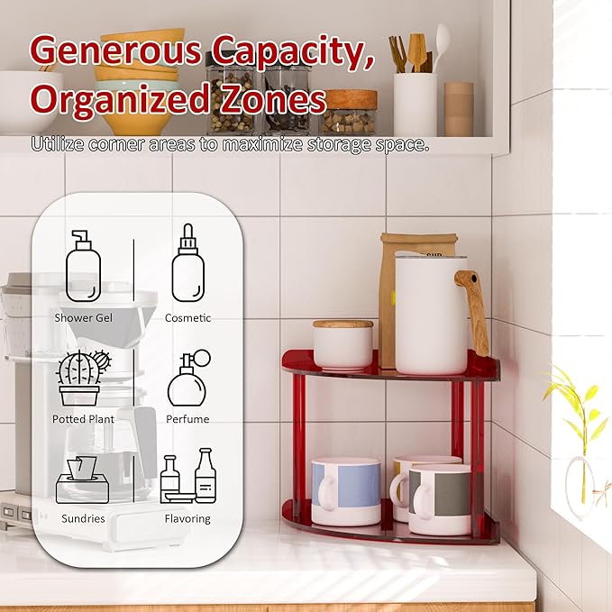 2 Tier Acrylic Corner Shelf Organizer Storage 9.5x9.5x8 Inch, Red Countertop Corner Shelf for Bathroom, Kitchen, Bedroom, Office, Study Room