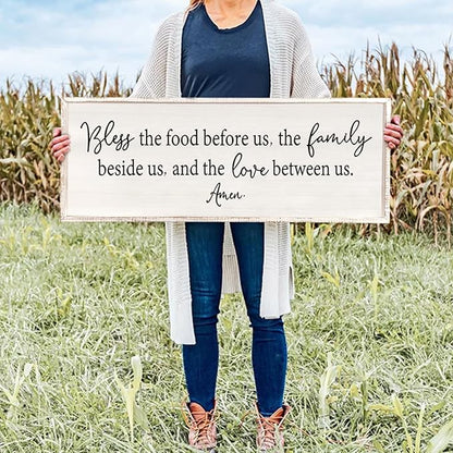 Bless the Food Before Us Sign Wall Decor 40"X15" Large Farmhouse Dining Room Wall Decor Framed Wood Rustic Home Wall Art Kitchen Decoration (White)