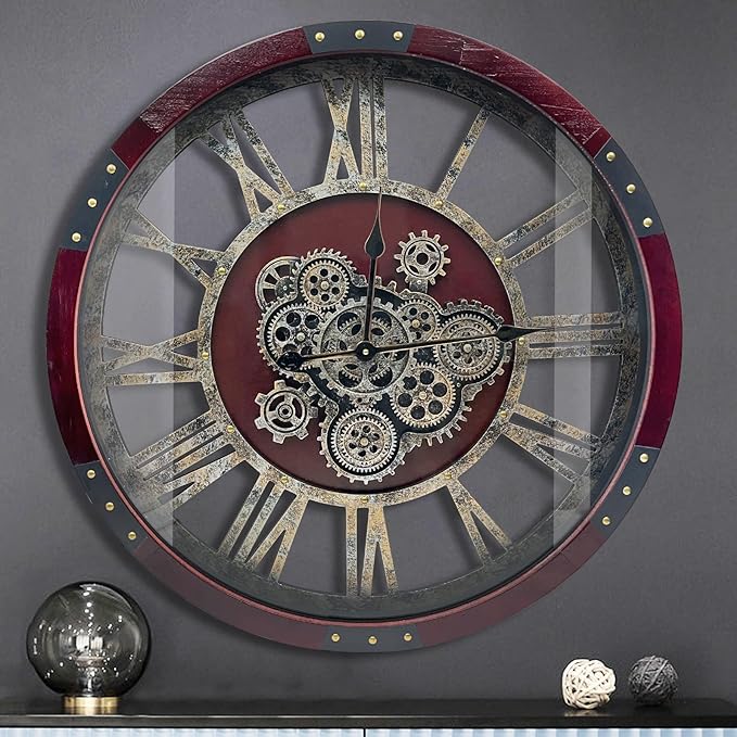 DORBOKER 24" Original Moving Gears Wall Clock, Large Industrial Wall Clock for Living Room Decor, Oversized Wood Vintage Farmhouse Steampunk Rustic Clocks for Wall Christmas Decor,Cherry Red