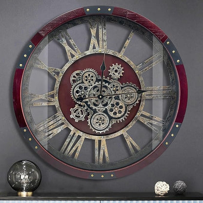 DORBOKER 30" Original Moving Gears Wall Clock, Large Industrial Wall Clock for Living Room Decor, Retro Wood Vintage Farmhouse Steampunk Rustic Clocks for Wall Decor,Cherry Red